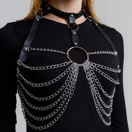 Women Gothic PU Leather Chest Harness Belt with Chain Bra Strap Adjustable Punk Y2K Body Harness Festival Layering Accessory