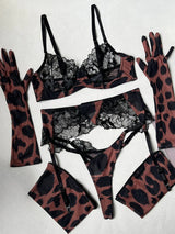 Leopard Print Sexy Lace Bra And Garter Belt Set with Stocking Gloves See through Sensual Lingerie for Women Exotic Intimate Wear