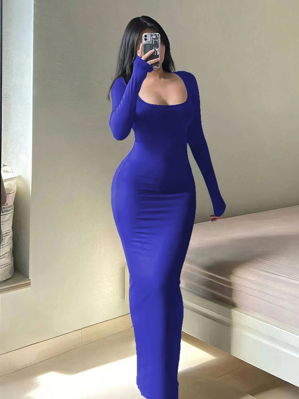 Women's Solid Long Sleeve Bodycon Dress, Chic Basic Minimalist Causual Fashion Scoop Neck Long Dress, Womenswear