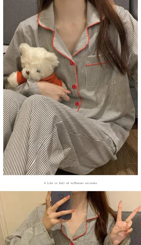 Pajamas Women Long Sleeve Trousers Summer Grey Cardigan Striped Sleepwear Loungewear Two Piece Set Ladies Nightwear Homewear