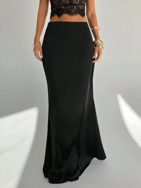 Women Black Satin Mermaid Maxi Skirt High Waist Bodycon Long Skirt Elegant Evening Party Formal Dressy Skirts