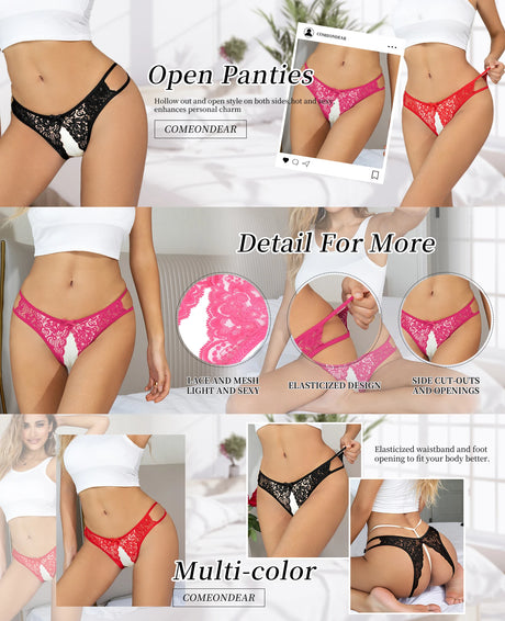 Comeondear Black Thongs Sexy Panties Open Crotch Lace Bow Underwear Women Lingerie Plus Size G-strings Culotte Femme Cute Briefs