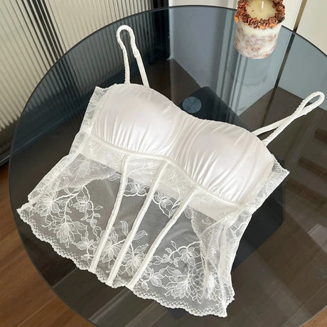 Women Elegant French Longline Lingerie, Lace Satin Wireless Bra, Push Up Sexy Open Back, Luxury Bridal Underwear Fit Small Bust