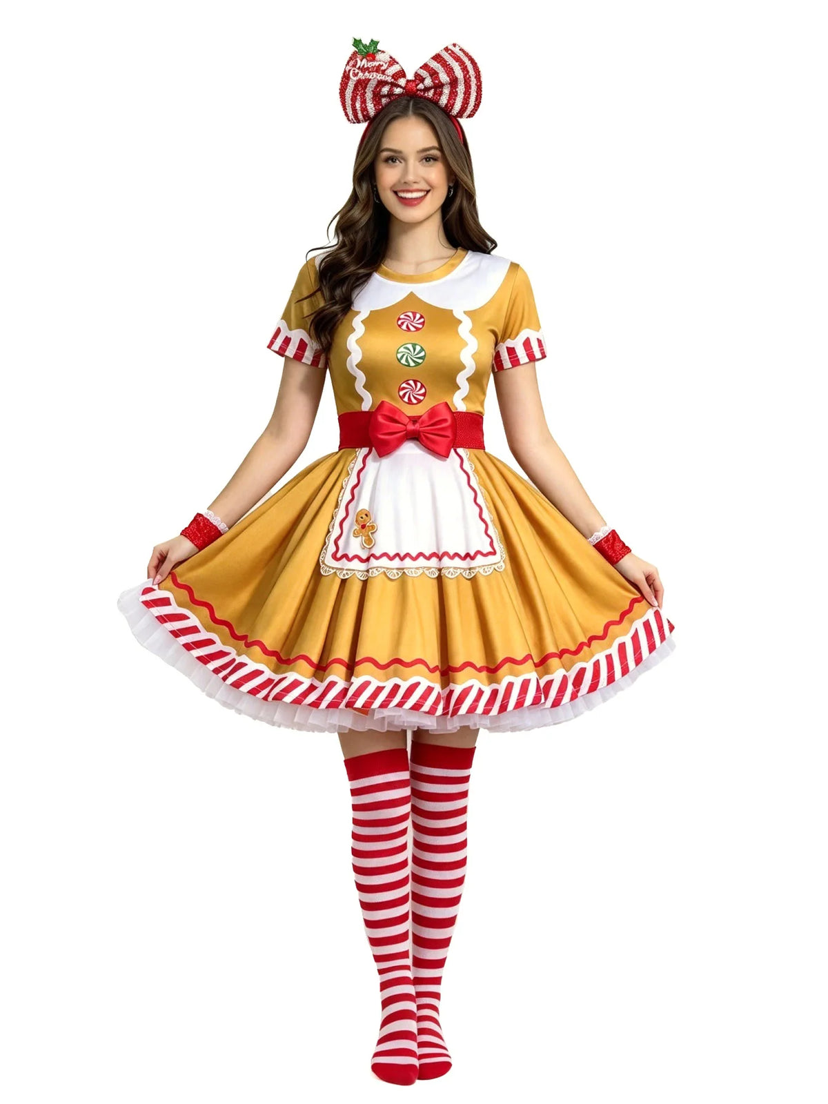 Gingerbread Woman Cosplay Costume for Women Christmas Halloween Masquerade Party Dress Set Stage Performance Fancy Outfit