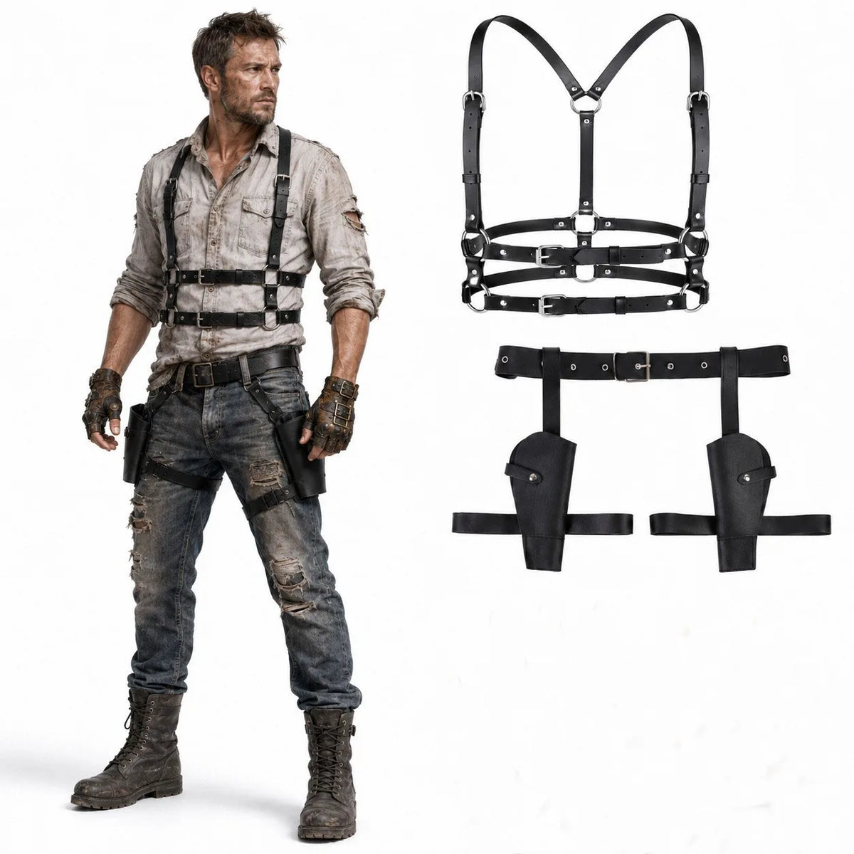 Women Faux Leather Set Steampunk Chest Harness Belt + Thigh Holster Medieval Pirate Cosplay Costume Accessories Halloween