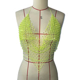 Dazzling Rhinestone Mesh Camisole Sexy Backless Halter Neck Bandage V Neck Hollow Fishnet Tank Top Women Party Club Crop Tops