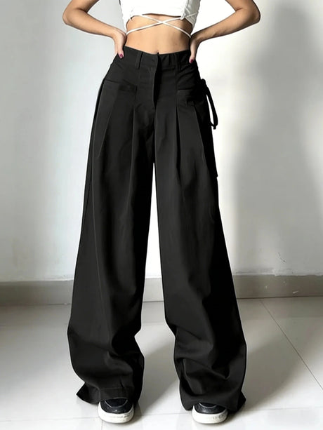 Women Wide Leg Cargo Pants High Waist Streetwear Trousers 2026 Spring Autumn Solid Black Loose Pleated Casual Pants S-XXL Size