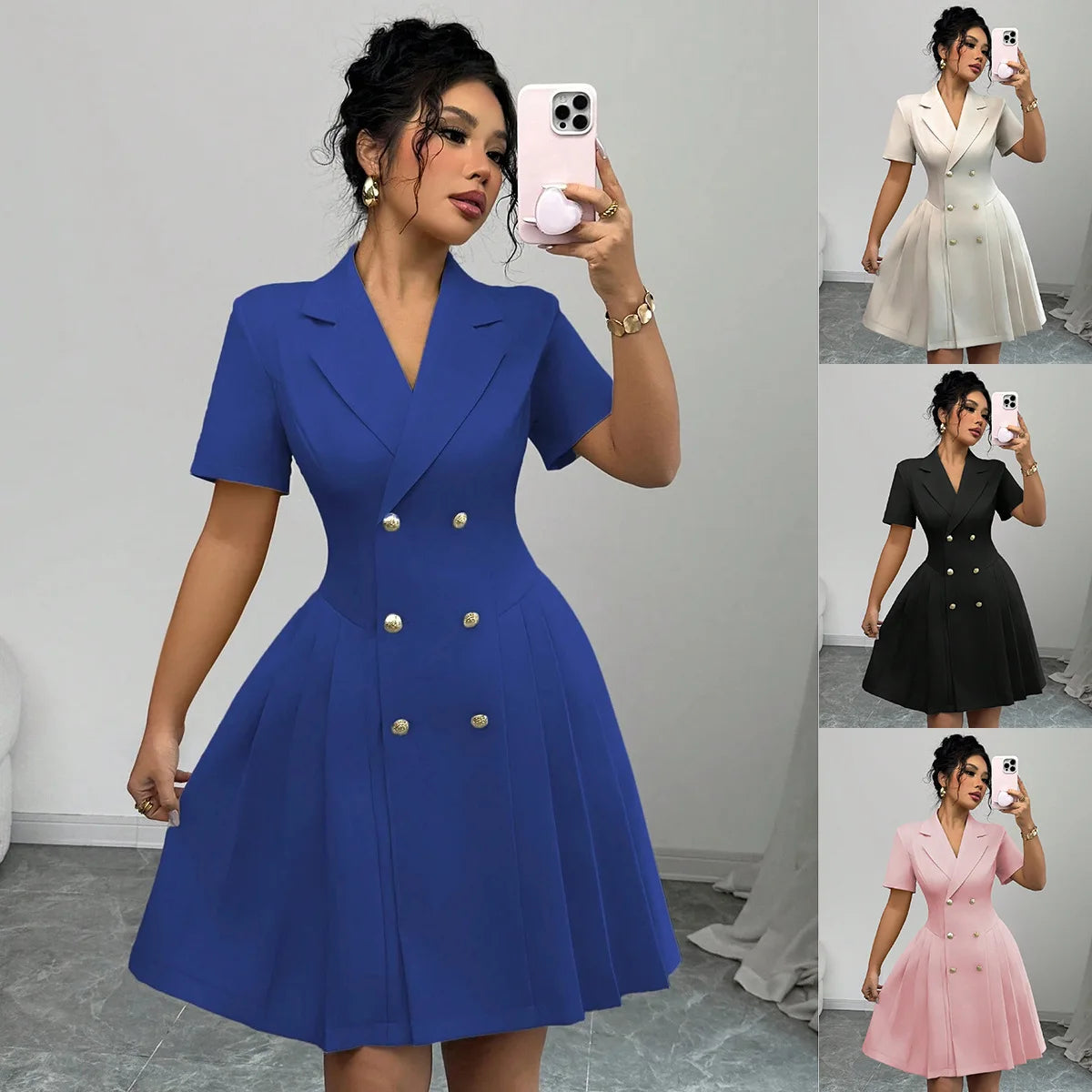 2026 Luxury Dresses Solid Color Notched Lapel Double Breasted Short Sleeve Slim Summer Midi Dress for Woman Clothes