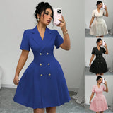 2026 Luxury Dresses Solid Color Notched Lapel Double Breasted Short Sleeve Slim Summer Midi Dress for Woman Clothes