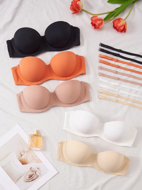 5Pcs Detachable Strap Bandeau Bras Solid Strapless Push up Bra for Women Daily Invisible Lingerie