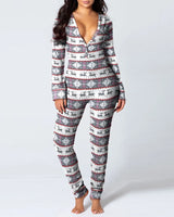 Sexy Pyjama Women's Long Sleeves Homewear Suit Button-Down Front Back Butt Bum Open Ass Flap Jumpsuit Loungewear Christmas Print