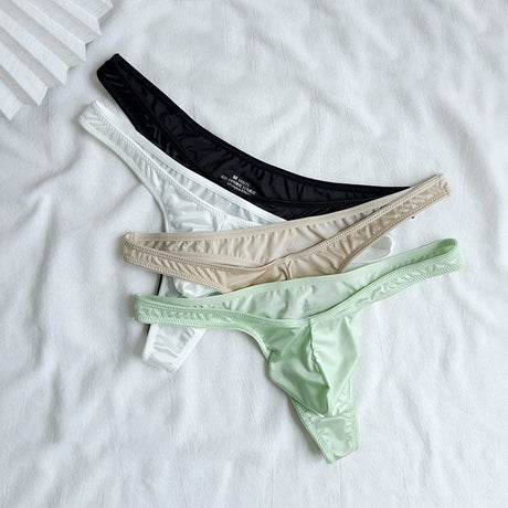 1pc Men Satin-like Glossy Ice Silk G-string Solid Low-Waist Shiny Smooth Thong Bulge Pouch Thong Thin Transparent Underwear