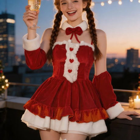 Women's Christmas Santa Mini Dress Red Ruffle Hem White Fluffy Trim Heart Detail Festive Holiday Party Costume