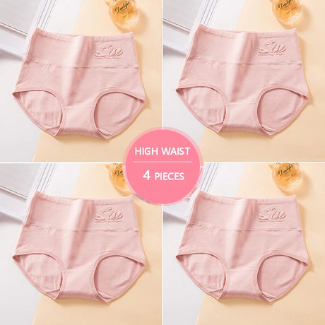 Plus Size M-5XL 4Pcs/Set High Waist Cotton Panties Women Body Shaper Underwear Soft Print Girls Briefs Slimming Female Lingerie