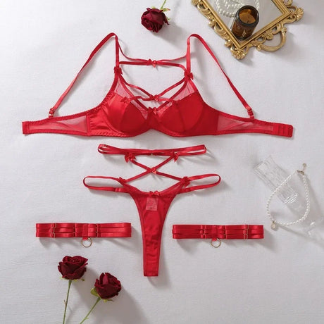 Sexy Red Women's Lingerie Sets Bowknot Sheer Mesh Bra Thong Garter Belt 4PC Strappy Body Shaping Sleepwear Seductive Underwear