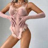 Women's Lingerie Bodysuit Rhinestone Mesh Feather Trim Sheer Teddy With Gloves Set  Sleepwear Nightwear Party Clubwear Outfit