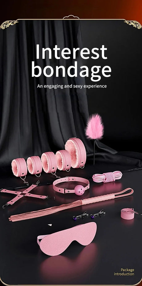 Couples BDSM Bondage Kit with Handcuffs Neck Collar Wrist Restraints Mouth Gag And Strap - Adult SM Sex Toys for Women's Fetish