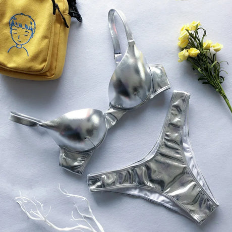 Shiny PU Faux Leather Bikini Push Up Swimsuit Women Swimwear Female Two-pieces Bikini set Bra Cup Bather Bathing Suit Swim