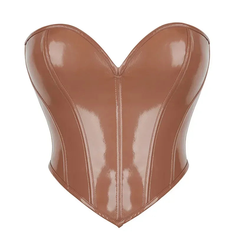 Black Shiny PVC Bustier Faux Leather Corset Crop Top Body Shaper Women Sexy Corselet Vest Plus Size