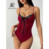 Nolia Hot Girl Spliced Sexy Playsuits Fashion Strap Lace Up Backless Sheer Rompers Ruffles Hotsweet Corset Bodysuits 5d4;