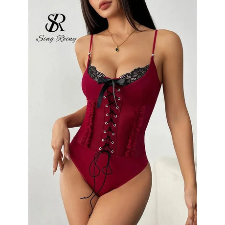 Nolia Hot Girl Spliced Sexy Playsuits Fashion Strap Lace Up Backless Sheer Rompers Ruffles Hotsweet Corset Bodysuits 5d4;