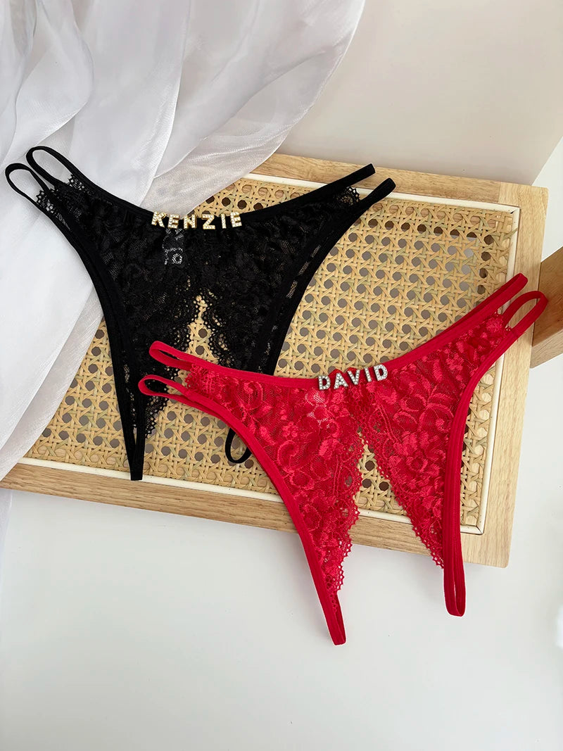 Custom Name Crystal Letter Briefs Sexy Lace Crotchless Knickers Hollow Waist Panties Open Gear Underpants Girlfriend Wife Gift