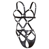 Women's PVC Faux Leather Glitter Cupless Crotchless Halter Teddy Bodysuit Lingerie