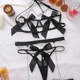 Cutout Underwire Bra Garter Lingerie Satin Bow Decor Chain Leg Straps Harness Intimate Outfit For Dating Anniversary Nightwear