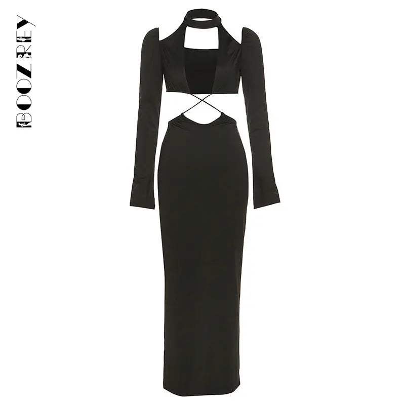 BoozRey Sexy Hipster Midi Dress Women Cleavage Hollow Backless Full Sleeve Solid Party Robe Female Slim High Street Attirewear