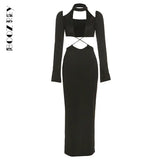 BoozRey Sexy Hipster Midi Dress Women Cleavage Hollow Backless Full Sleeve Solid Party Robe Female Slim High Street Attirewear