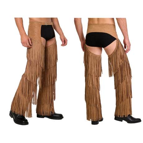 Mens Western Cowboy Chaps Fuax Suede Tassel Hollow Out Open Crotch Long Pants Adjustable Buckles Waist Motorcycle Biker Trousers