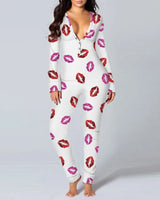 Sexy Pyjama Women's Long Sleeves Homewear Suit Button-Down Front Back Butt Bum Open Ass Flap Jumpsuit Loungewear Christmas Print