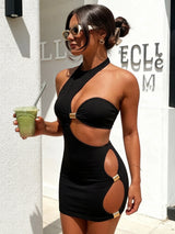 Gold Metal Decor Sleeveless Short Dress  For Women sexy solid black Bodycon dress For Women