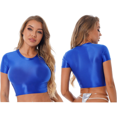 Womens Glossy Two-piece Outfit Oil Shiny Smooth High Waist Mini Skirt with Tank Top Nightclub Rave Outfit Pole Dancing Clubwear