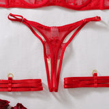 Women Lingerie Erotic Set See Through Sheer Red Lace 5Pcs Underwire Bra Thong Long Gloves Leg Bands Sexy Outfit