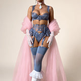 Diccvicc Coquette Slate Blue Lingerie Set 4 Piece Eyelash Lace Satin Bra Peplum Ruffle Garter with Rosebud Thong Women Nightwear