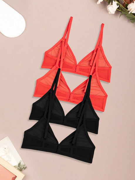 Sexy Transparent Ladies' Brassiere Three-piece Women's Bra Small Bust Mesh Lingerie Ultra-thin Triangle Double Shoulder Straps