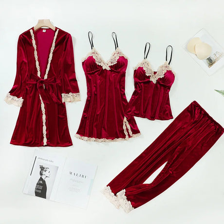TOP Casual Velour Home Clothing 4pcs Sleep Set Intimate Lingerie Women Pajamas Suit Long Sleeve Lace Velvet Homewear Pyjamas Set