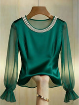 Pearl Beaded Round Neck Long Sleeve Blouse Satin Sheer Top For Women Elegant