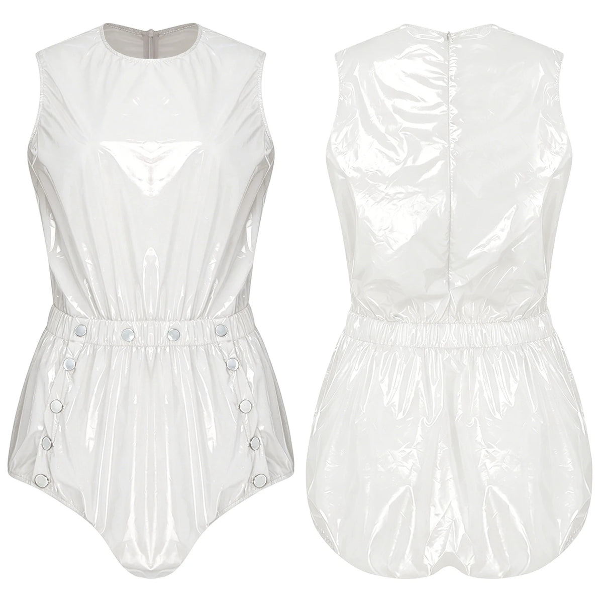 Women One Piece Adaptive Pajama Nightwear Shiny Metallic Sleeveless Buttoned Sleeveless Jumpsuit Waterproof Rompers Bodysuit