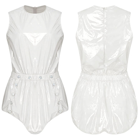 Women One Piece Adaptive Pajama Nightwear Shiny Metallic Sleeveless Buttoned Sleeveless Jumpsuit Waterproof Rompers Bodysuit