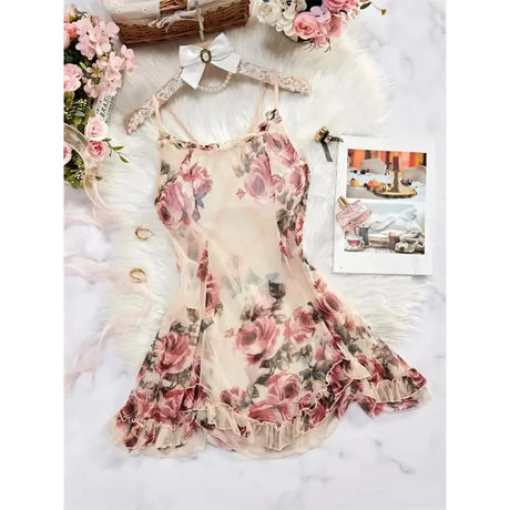 Women Floral Spaghetti Strap Nightdress Back‑cross Chemise Romantic Sleepwear for Valentine Honeymoon Dating Bedroom Loungewear