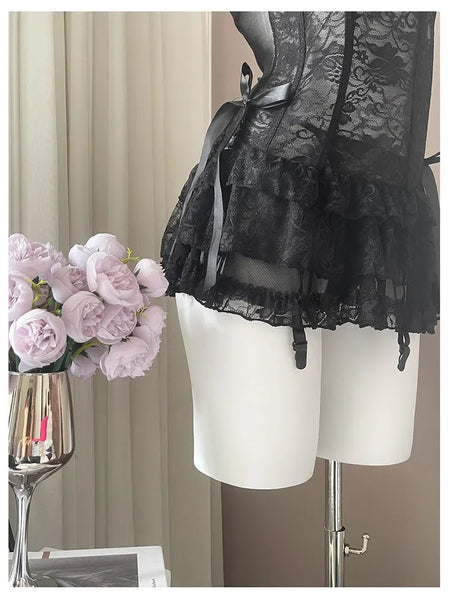 French Sexy Lace Nightdress Summer Women's Corset Gather Suspenders Pajamas with Chest Pads See Through Mesh Lace Loungewear