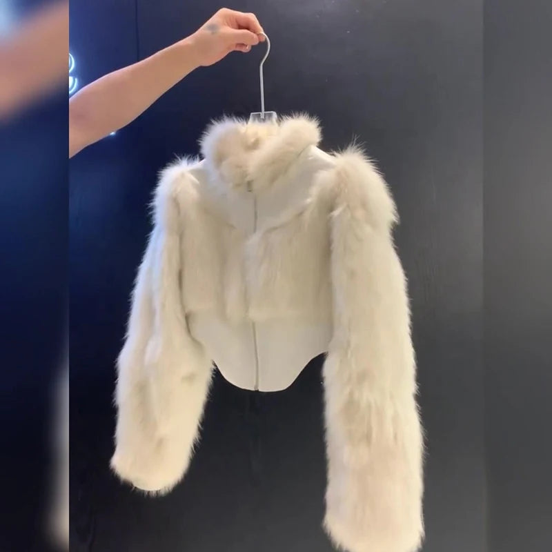 Cropped Faux Fur Coat Women Fashion Elegant Patchwork Fluffy Jacket Winter Ladies Korean Long Sleeve Furry Outerwears New