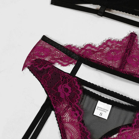 Eyelash Lace 3Pcs Lingerie Set Women Underwire Push Up Sheer Mesh Bra Hollow Strap Garter Belt Thigh Rings Valentine Honeymoon