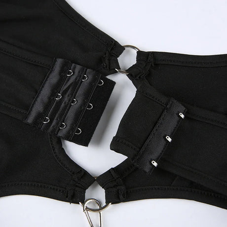 Women's Black Sleeveless V-Neck Spaghetti Strap Bodysuit Hollow out Rave Goth Outfit Back Hook Closure Punk Top