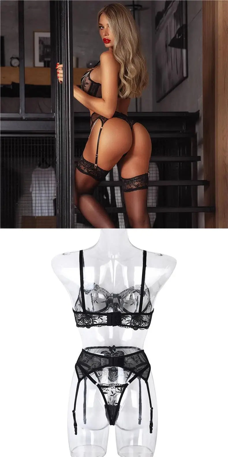 Toucheart 3 Piece Set Sexy Lace Embroidery Bra Set For Women Mesh Patchwork Perspective Sexy Garters Steel Rings Underwear Set