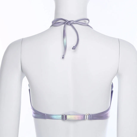 Women Shiny Bikini Bra Top Halter Neck Sheel Mermaid Swimwear Bead Chains Padded Bra Swim Tops Hawaii Beach Party Bathing Suit