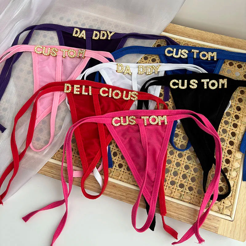 Personalized Custom Rhinestone Letter Name  Low Waist Strap Thong G-String Tanga Underwear Bikini Wife Girlfriend Custom Gift