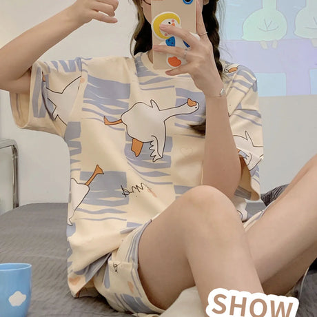 Women's Loose Fit Cartoon Bear Pajamas Set Summer Short Sleeve Gradient Casual Homewear Sleepwear